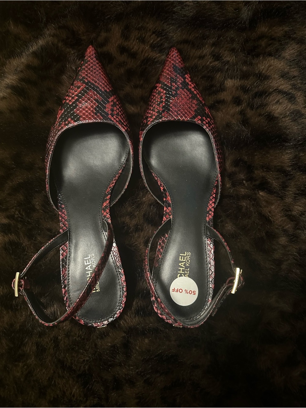 Michael Kors Burgundy Snake-Print Pointed Slingback Heels